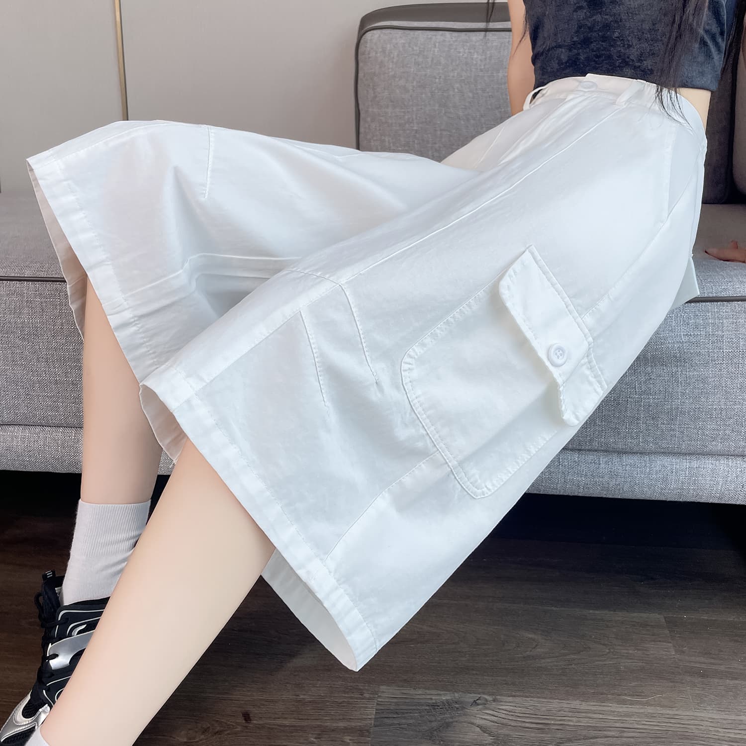 실사 카키 색 워크웨어 캐주얼 바지 여성 2026 여름 새로운 루즈핏 스트레이트 주머니 넓은 다리 7부 바지 이미지 5