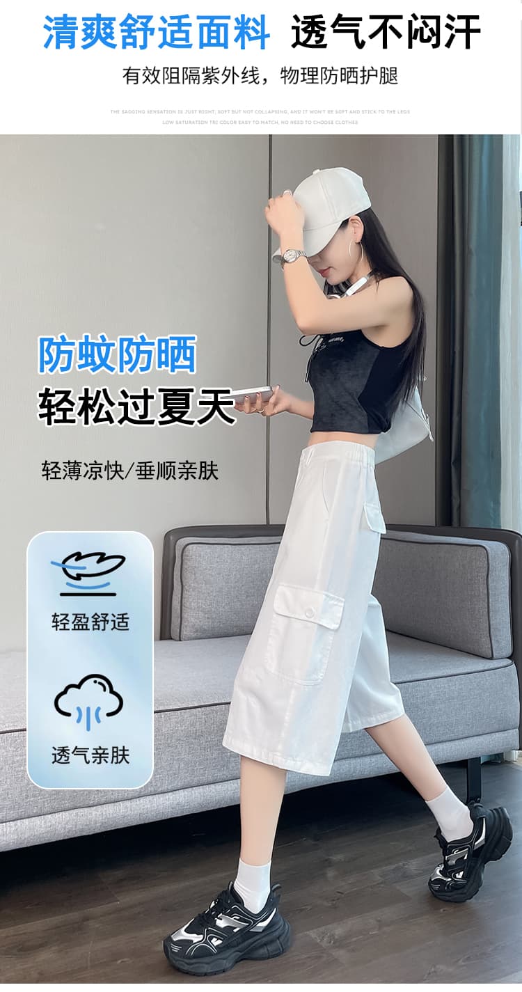 실사 카키 색 워크웨어 캐주얼 바지 여성 2026 여름 새로운 루즈핏 스트레이트 주머니 넓은 다리 7부 바지 상세 이미지 7