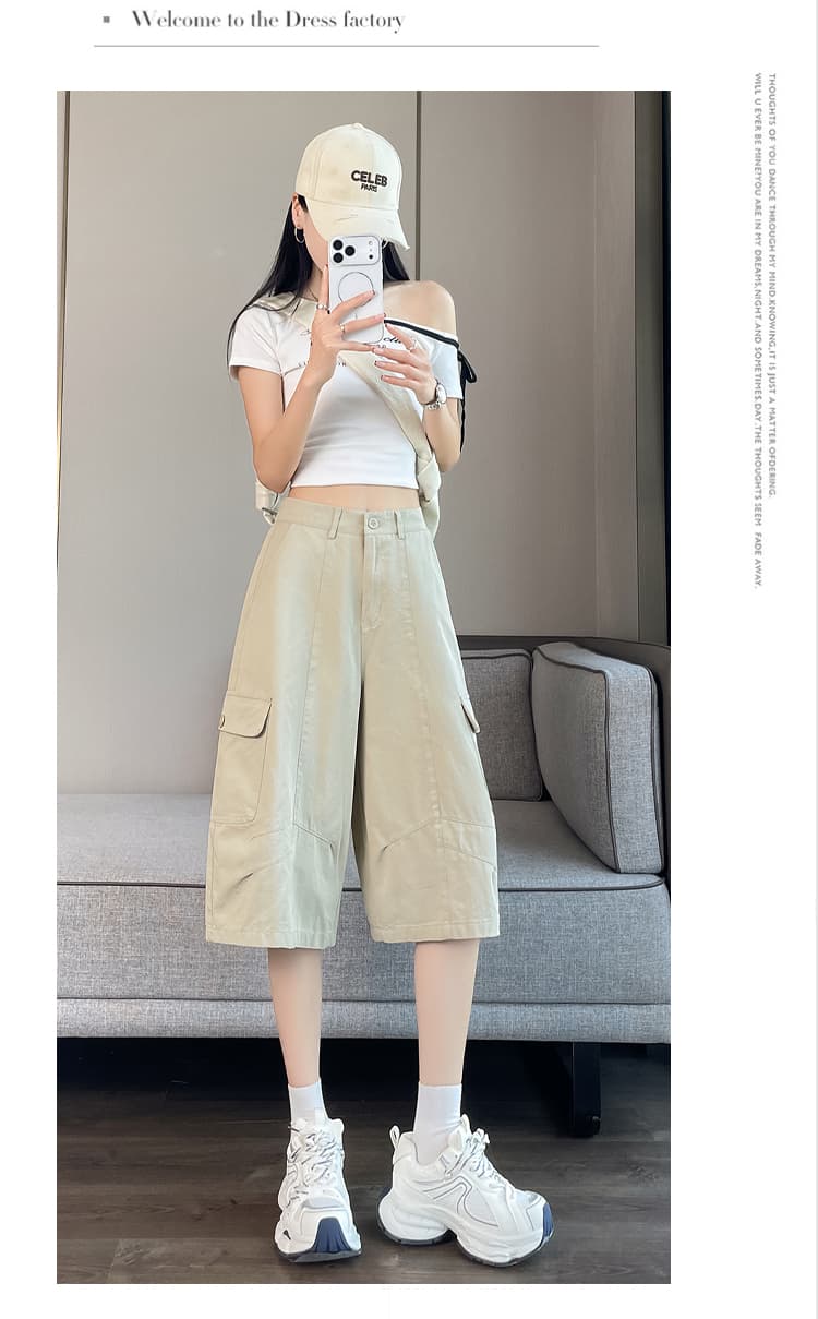 실사 카키 색 워크웨어 캐주얼 바지 여성 2026 여름 새로운 루즈핏 스트레이트 주머니 넓은 다리 7부 바지 상세 이미지 25