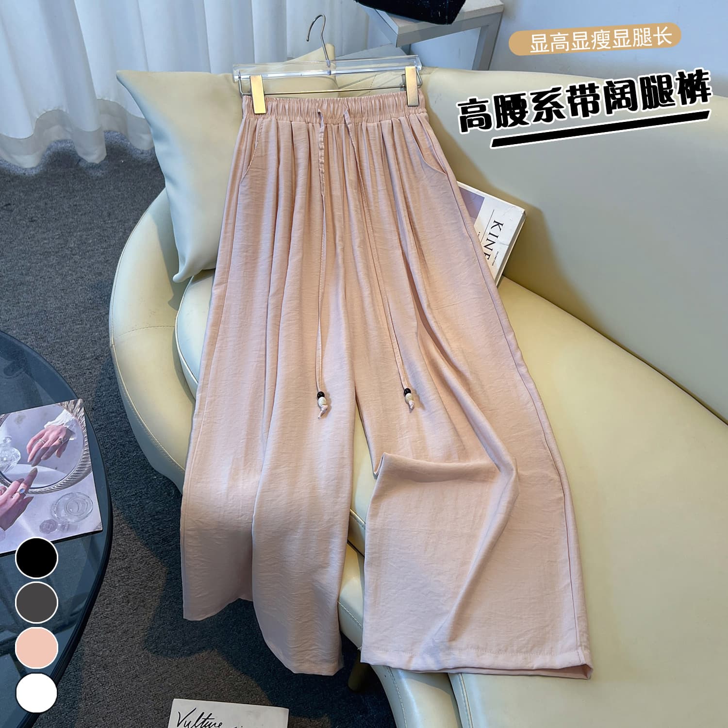 실사 한국 스타일 면 린넨 느긋한 바람 허리밴드 루즈핏 넓은 다리 캐주얼 바지 여성 새로운 스트레이트 다용도 치마바지 여성 이미지 2