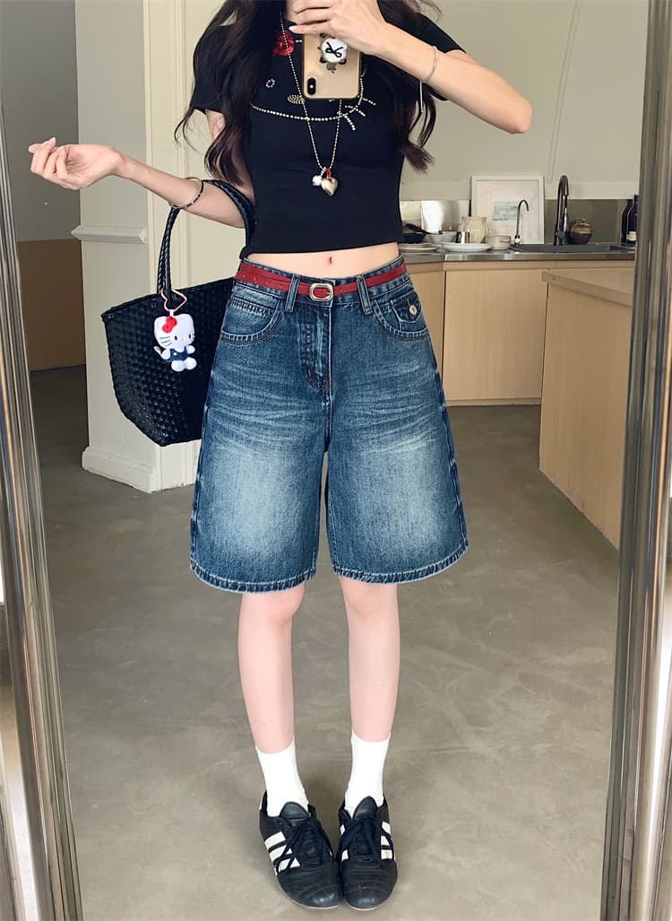 실사 레트로 워싱 넓은 다리 데님 반바지 여성 새로운 하이웨이스트 슬림해 보이는 스트레이트 오부 바지 바지 상세 이미지 13