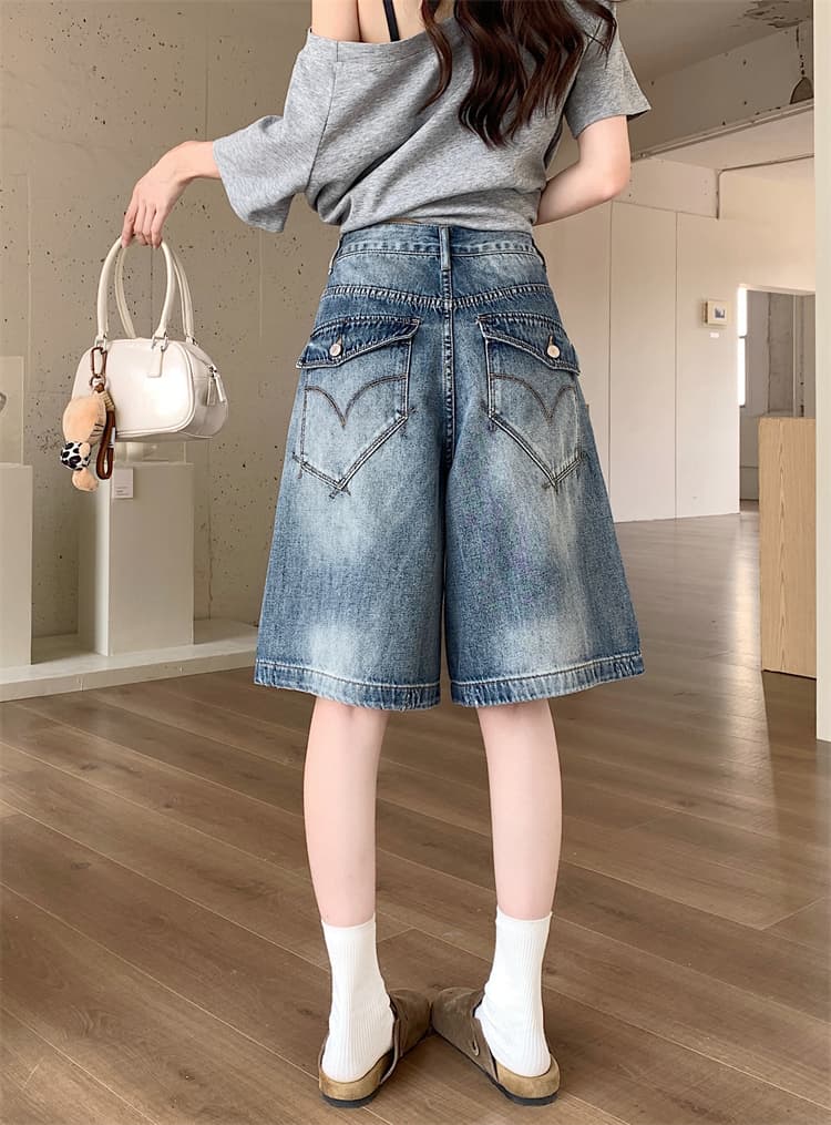 실사 아메리칸 레트로 워크웨어 주머니 넓은 다리 7 점 청바지 여성 새로운 하이웨이스트 슬림해 보이는 다용도 스트레이트 바지 상세 이미지 5