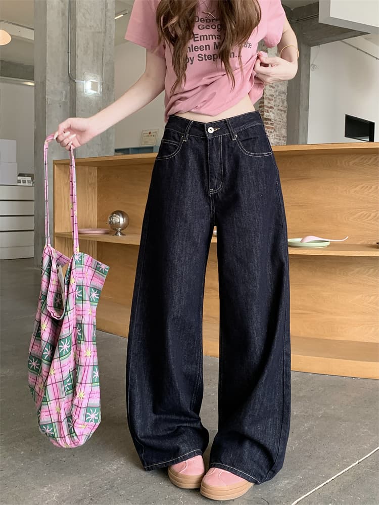 실사 진한 파란색 아메리칸 루즈핏 넓은 다리 청바지 여성 작은 키 하이웨이스트 슬림해 보이는 도루 센스 바닥 청소 스트레이트 팬츠 이미지 3
