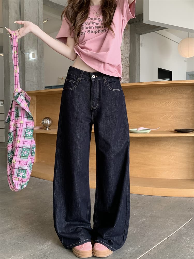 실사 진한 파란색 아메리칸 루즈핏 넓은 다리 청바지 여성 작은 키 하이웨이스트 슬림해 보이는 도루 센스 바닥 청소 스트레이트 팬츠 상세 이미지 10