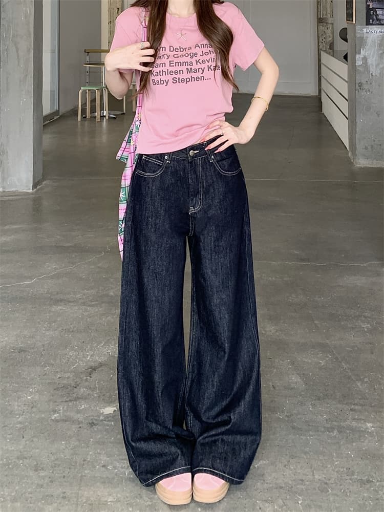 실사 진한 파란색 아메리칸 루즈핏 넓은 다리 청바지 여성 작은 키 하이웨이스트 슬림해 보이는 도루 센스 바닥 청소 스트레이트 팬츠 상세 이미지 13