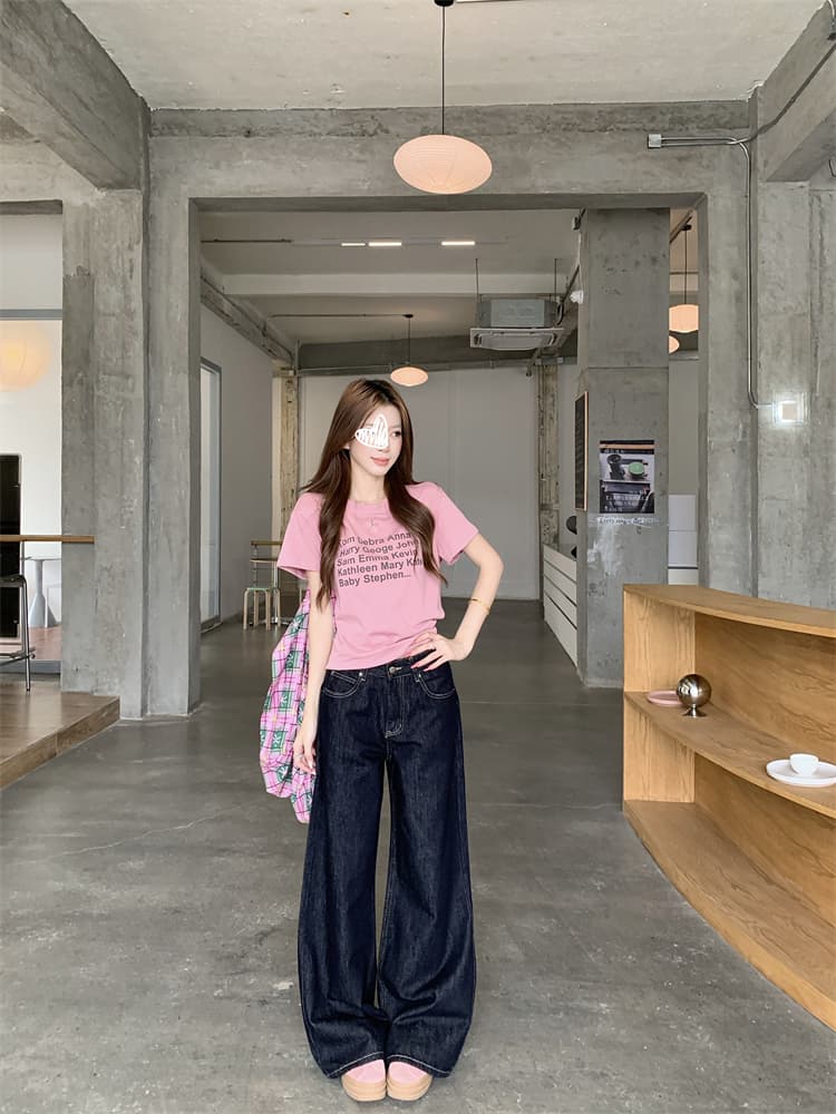 실사 진한 파란색 아메리칸 루즈핏 넓은 다리 청바지 여성 작은 키 하이웨이스트 슬림해 보이는 도루 센스 바닥 청소 스트레이트 팬츠 상세 이미지 14