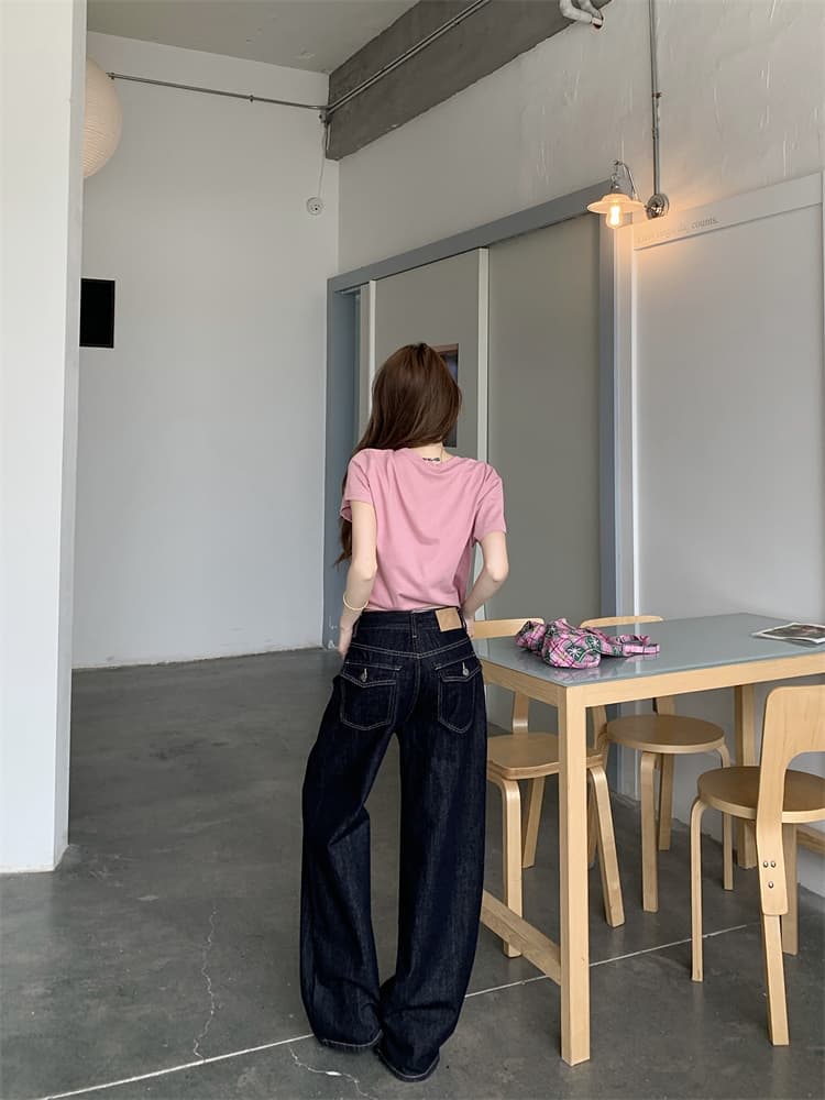 실사 진한 파란색 아메리칸 루즈핏 넓은 다리 청바지 여성 작은 키 하이웨이스트 슬림해 보이는 도루 센스 바닥 청소 스트레이트 팬츠 상세 이미지 19