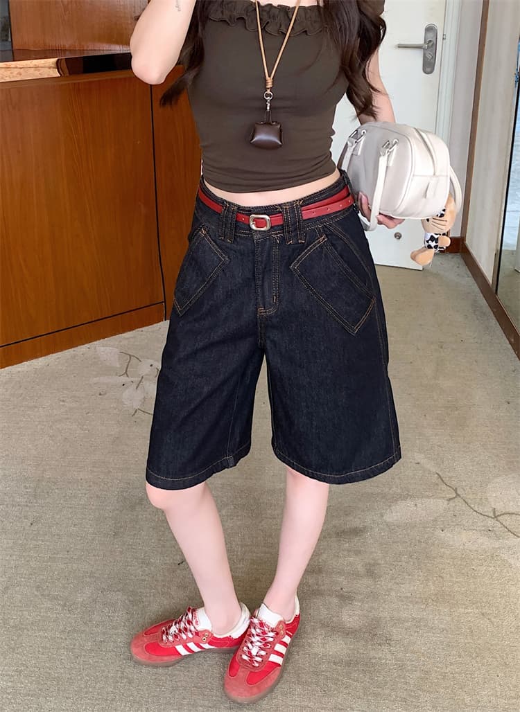 실사 배색 데님 반바지 여성 여름 원색 루즈핏 스트레이트 오부 바지 하이웨이스트 슬림해 보이는 레트로 바지 상세 이미지 13