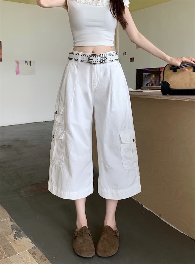 실사 아메리칸 레트로 기타 주머니 루즈핏 워크웨어 청바지 여성 여름 새로운 하이웨이스트 넓은 다리 다용도 7부 바지 상세 이미지 2
