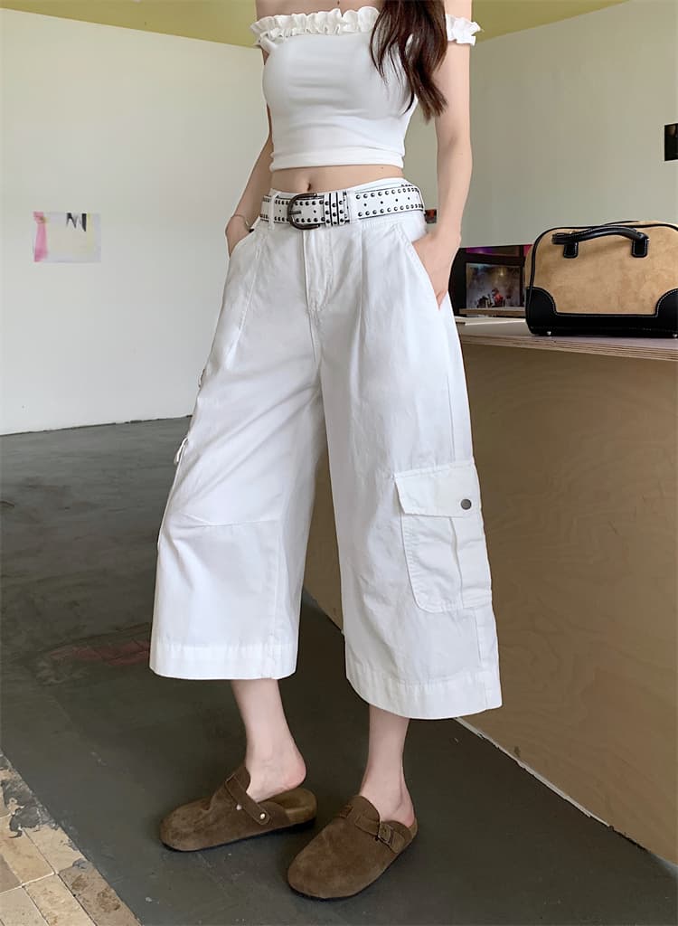 실사 아메리칸 레트로 기타 주머니 루즈핏 워크웨어 청바지 여성 여름 새로운 하이웨이스트 넓은 다리 다용도 7부 바지 상세 이미지 3