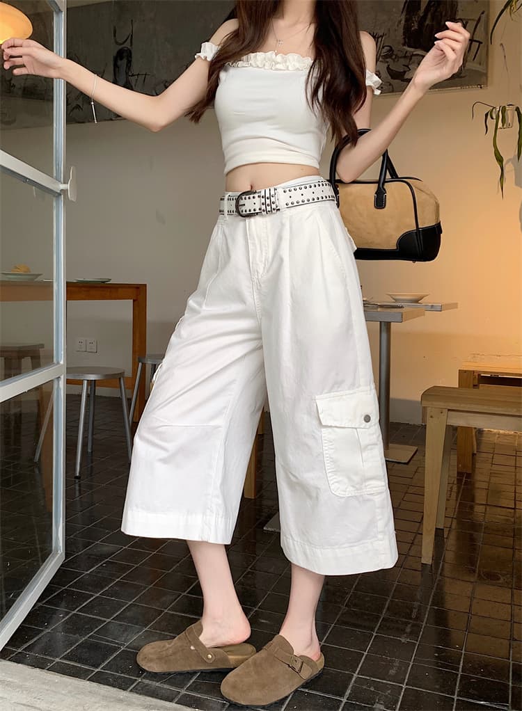 실사 아메리칸 레트로 기타 주머니 루즈핏 워크웨어 청바지 여성 여름 새로운 하이웨이스트 넓은 다리 다용도 7부 바지 상세 이미지 13