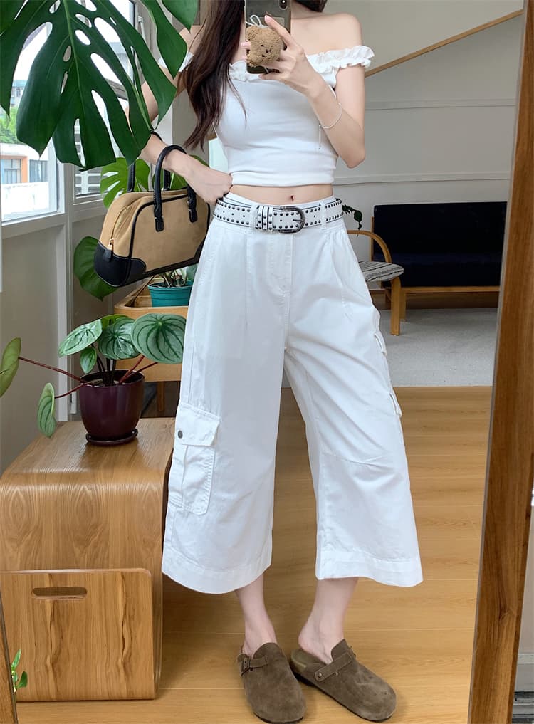 실사 아메리칸 레트로 기타 주머니 루즈핏 워크웨어 청바지 여성 여름 새로운 하이웨이스트 넓은 다리 다용도 7부 바지 상세 이미지 16