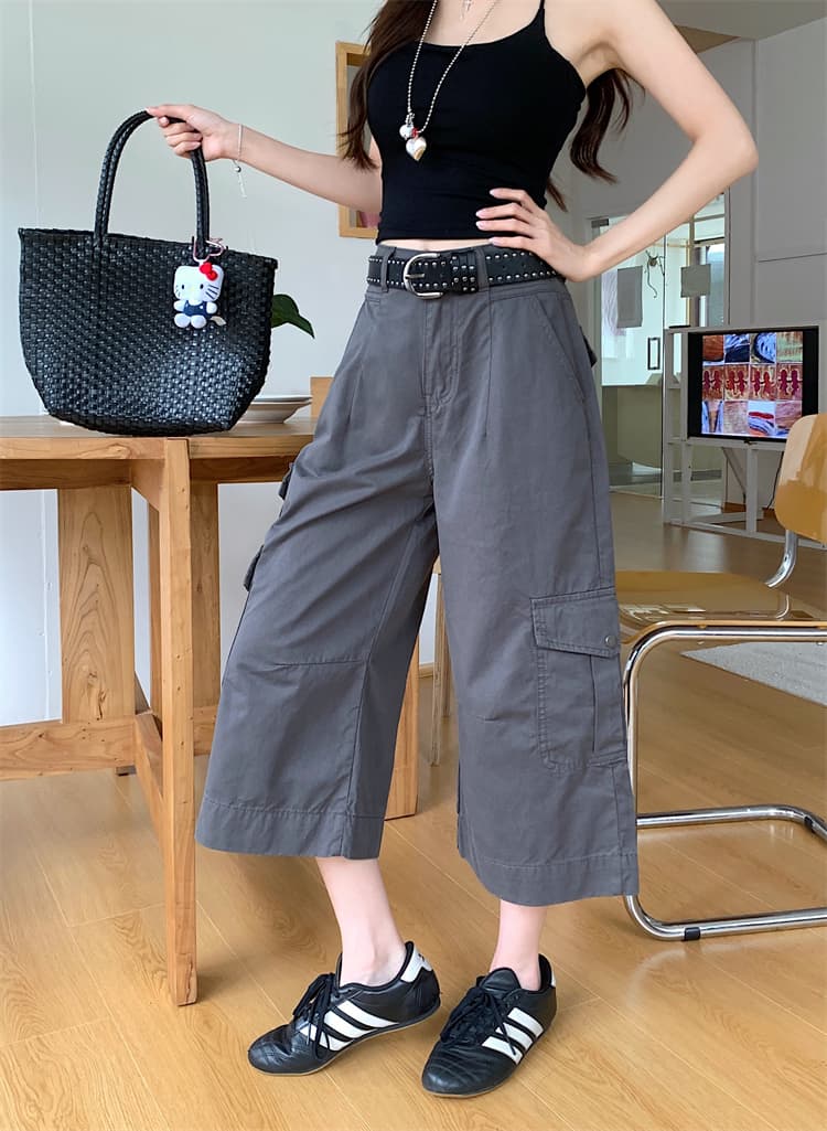 실사 아메리칸 레트로 기타 주머니 루즈핏 워크웨어 청바지 여성 여름 새로운 하이웨이스트 넓은 다리 다용도 7부 바지 상세 이미지 21