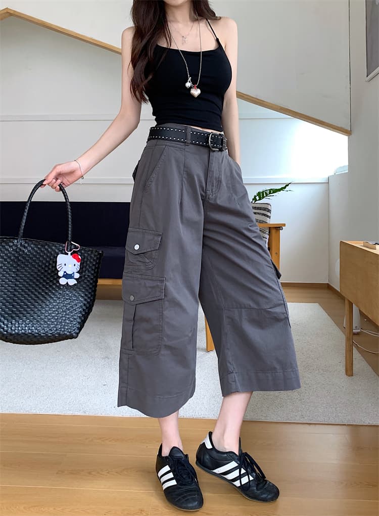 실사 아메리칸 레트로 기타 주머니 루즈핏 워크웨어 청바지 여성 여름 새로운 하이웨이스트 넓은 다리 다용도 7부 바지 상세 이미지 37
