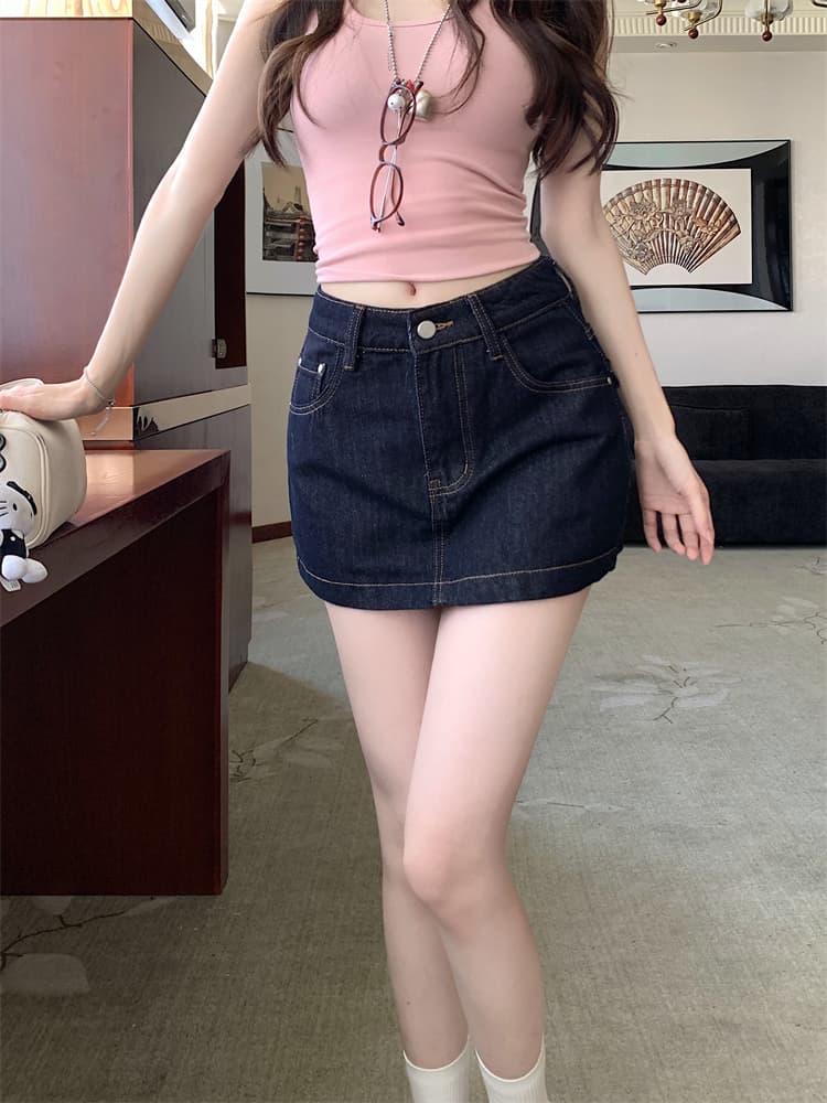 실사 핫걸 레트로 데님 미니 스커트 여성 새로운 하이웨이스트 다용도 노출 방지 한 마디 치마바지 핫 바지 상세 이미지 8