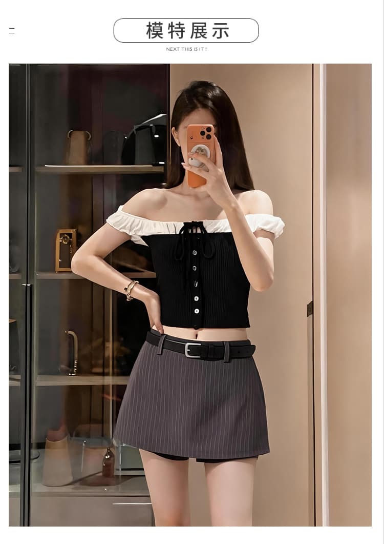 실사 스트라이프 레트로 달콤한 매운맛 바람 세로 줄무늬 정장 반신 스커트 여성 한 마디 슬림해 보이는 다용도 치마바지 벨트 포함 상세 이미지 11