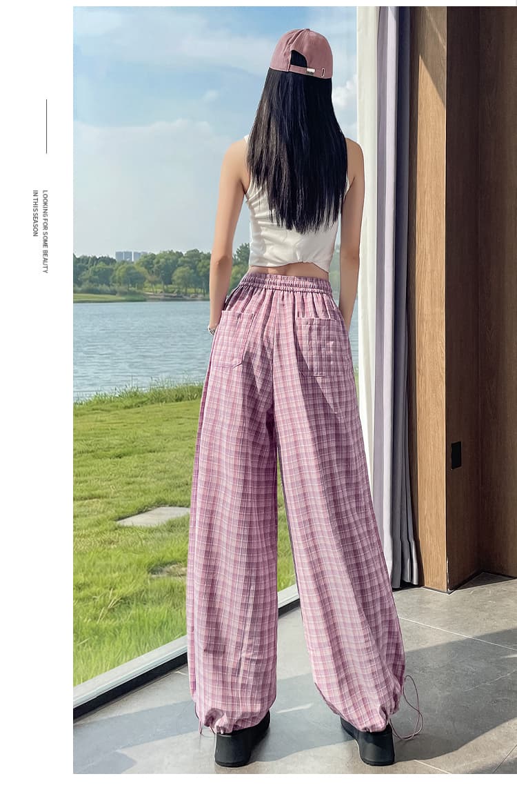 실사 허리밴드 워크웨어 체크무늬 넓은 다리 캐주얼 바지 여성 2026 여름 새로운 디자인 센스 스트레이트 루즈핏 긴 바지 상세 이미지 36