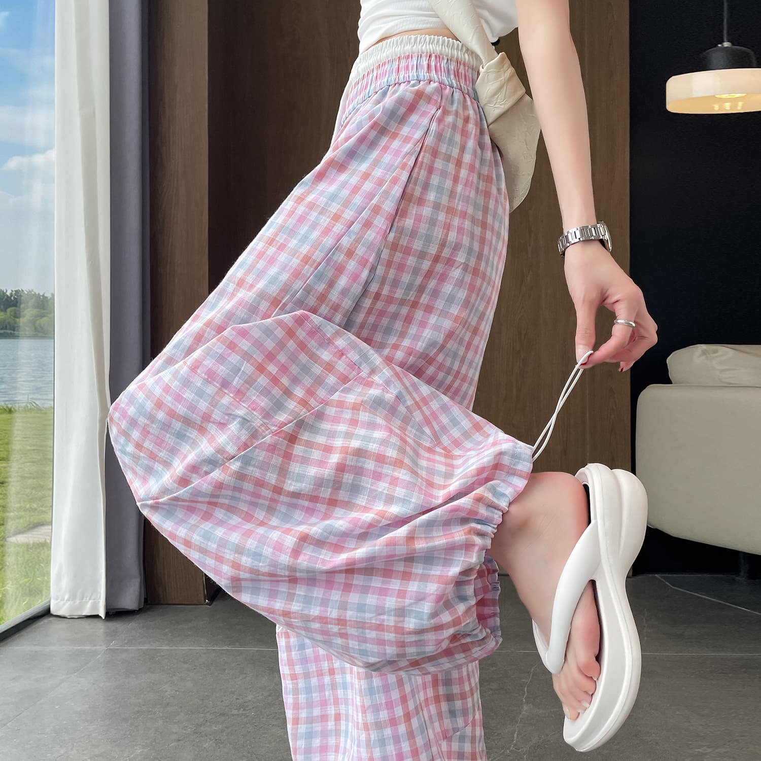 실사 더블 허리 머리 허리밴드 느긋한 체크무늬 모통이 칼 넓은 다리 캐주얼 바지 여성 봄 여름 디자인 센스 루즈핏 긴 바지 이미지 4