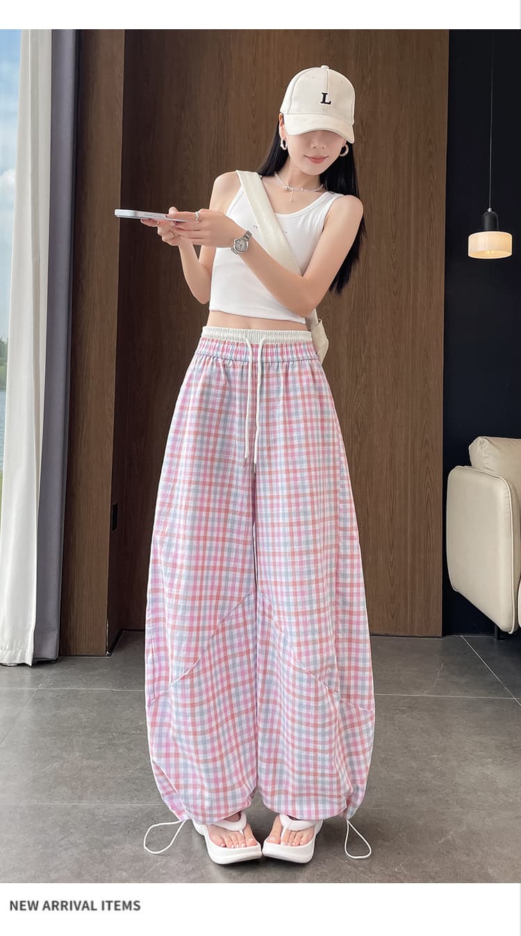실사 더블 허리 머리 허리밴드 느긋한 체크무늬 모통이 칼 넓은 다리 캐주얼 바지 여성 봄 여름 디자인 센스 루즈핏 긴 바지 상세 이미지 19