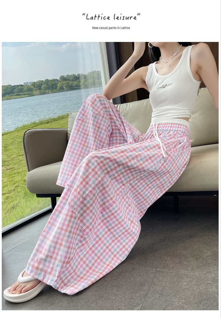 실사 더블 허리 머리 허리밴드 느긋한 체크무늬 모통이 칼 넓은 다리 캐주얼 바지 여성 봄 여름 디자인 센스 루즈핏 긴 바지 상세 이미지 20