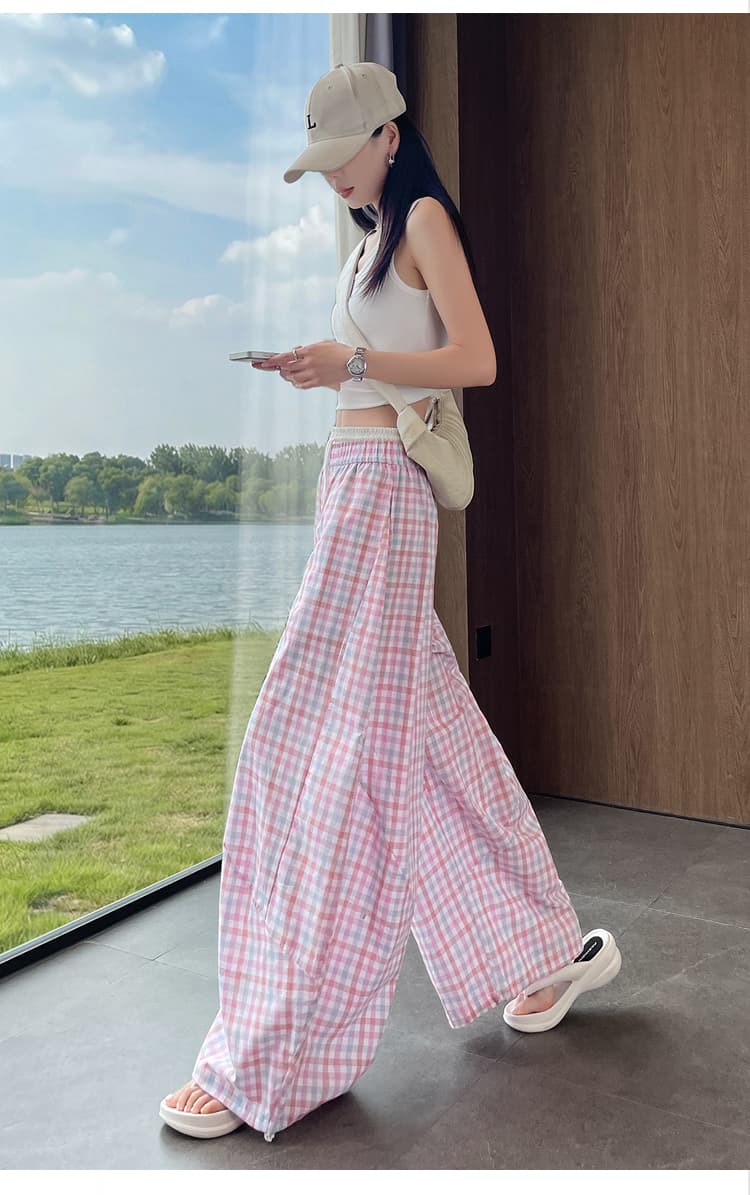 실사 더블 허리 머리 허리밴드 느긋한 체크무늬 모통이 칼 넓은 다리 캐주얼 바지 여성 봄 여름 디자인 센스 루즈핏 긴 바지 상세 이미지 23