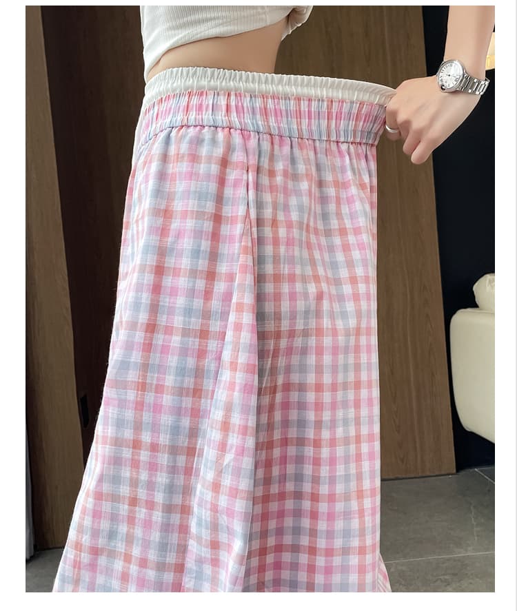 실사 더블 허리 머리 허리밴드 느긋한 체크무늬 모통이 칼 넓은 다리 캐주얼 바지 여성 봄 여름 디자인 센스 루즈핏 긴 바지 상세 이미지 25