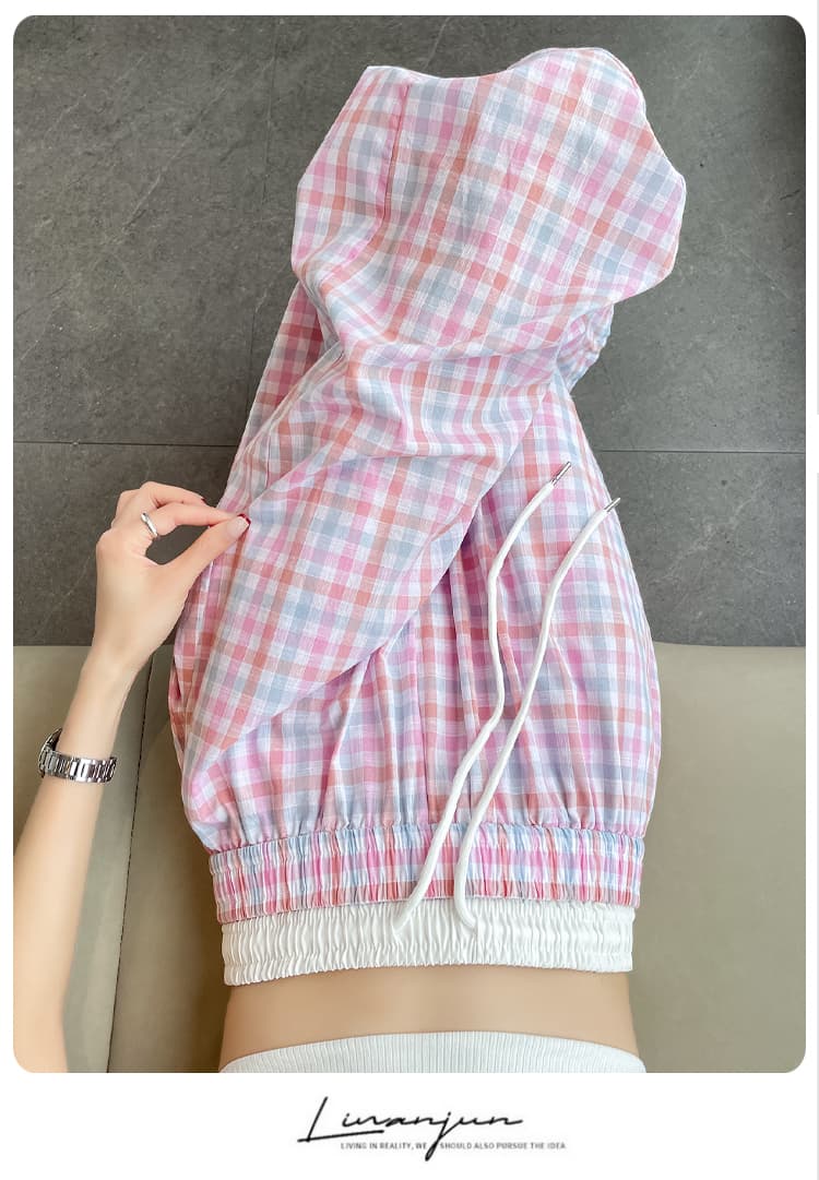 실사 더블 허리 머리 허리밴드 느긋한 체크무늬 모통이 칼 넓은 다리 캐주얼 바지 여성 봄 여름 디자인 센스 루즈핏 긴 바지 상세 이미지 27
