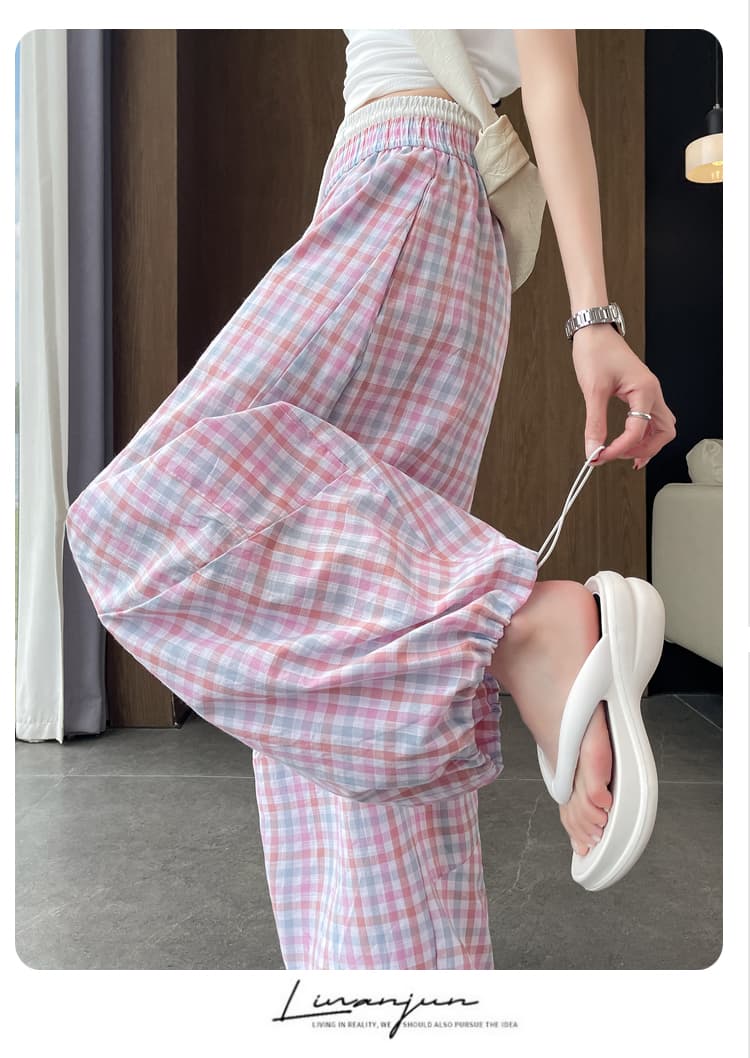 실사 더블 허리 머리 허리밴드 느긋한 체크무늬 모통이 칼 넓은 다리 캐주얼 바지 여성 봄 여름 디자인 센스 루즈핏 긴 바지 상세 이미지 33