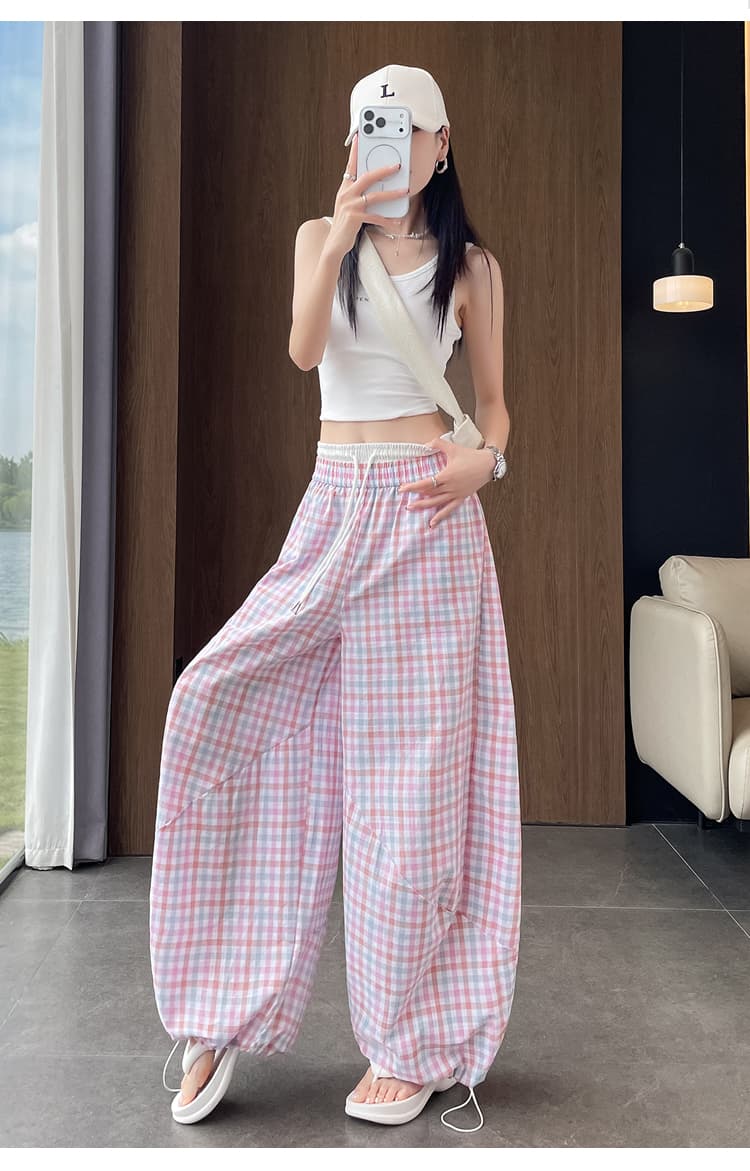 실사 더블 허리 머리 허리밴드 느긋한 체크무늬 모통이 칼 넓은 다리 캐주얼 바지 여성 봄 여름 디자인 센스 루즈핏 긴 바지 상세 이미지 34