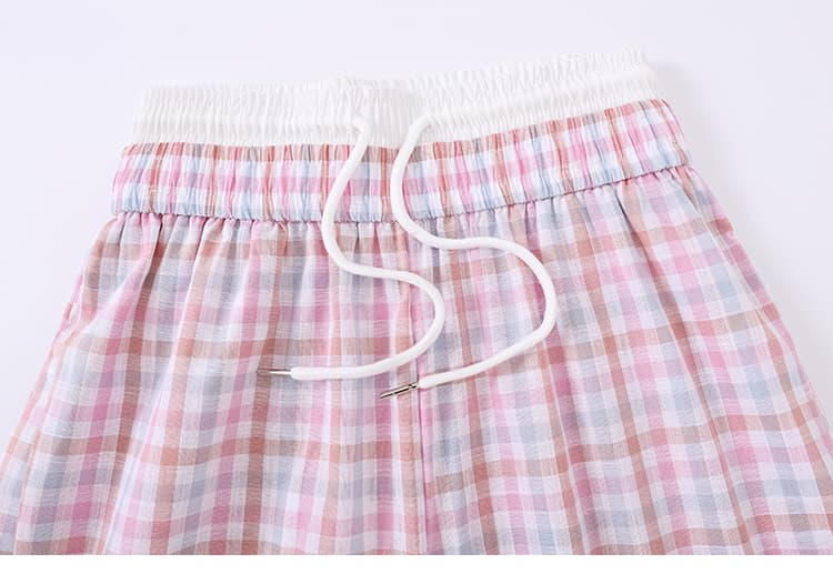 실사 더블 허리 머리 허리밴드 느긋한 체크무늬 모통이 칼 넓은 다리 캐주얼 바지 여성 봄 여름 디자인 센스 루즈핏 긴 바지 상세 이미지 37