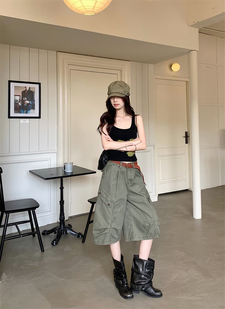 실사 아메리칸 레트로 루즈핏 워싱 모통이 칼 워크웨어 7부 바지 여성 높음 거리 주머니 다용도 바지 상세 이미지 13