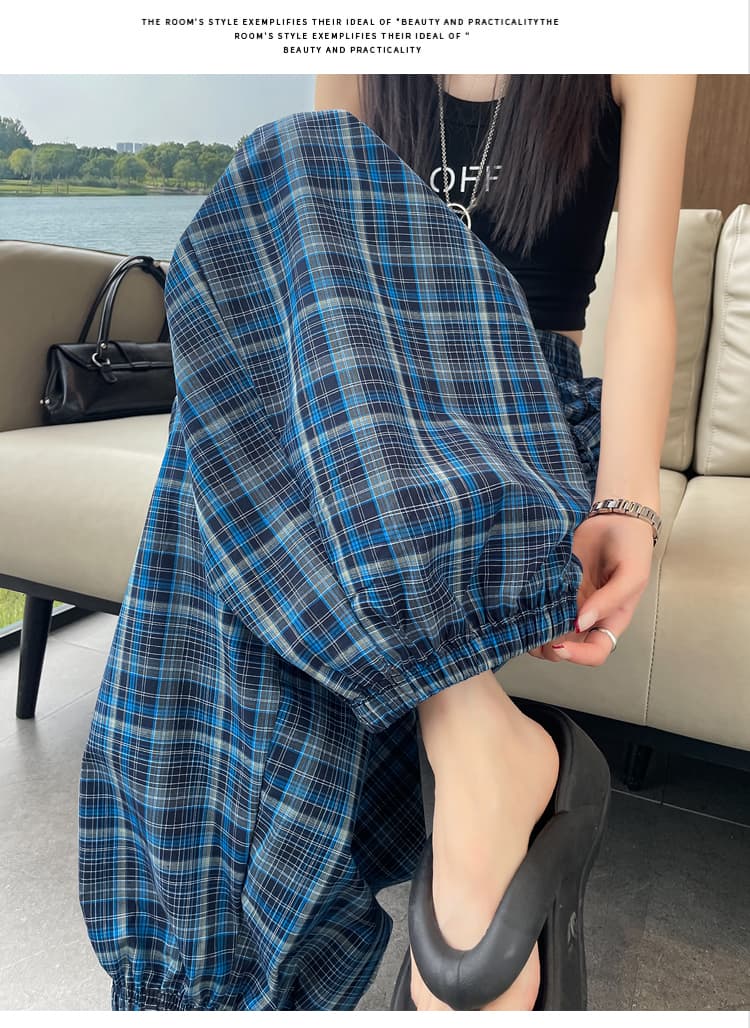 실사 새로운 바다 소금 체크무늬 허리밴드 다용도 체크무늬 표지 고기 루즈핏 슬림해 보이는 넓은 다리 랜턴 캐주얼 바지 여성 상세 이미지 23