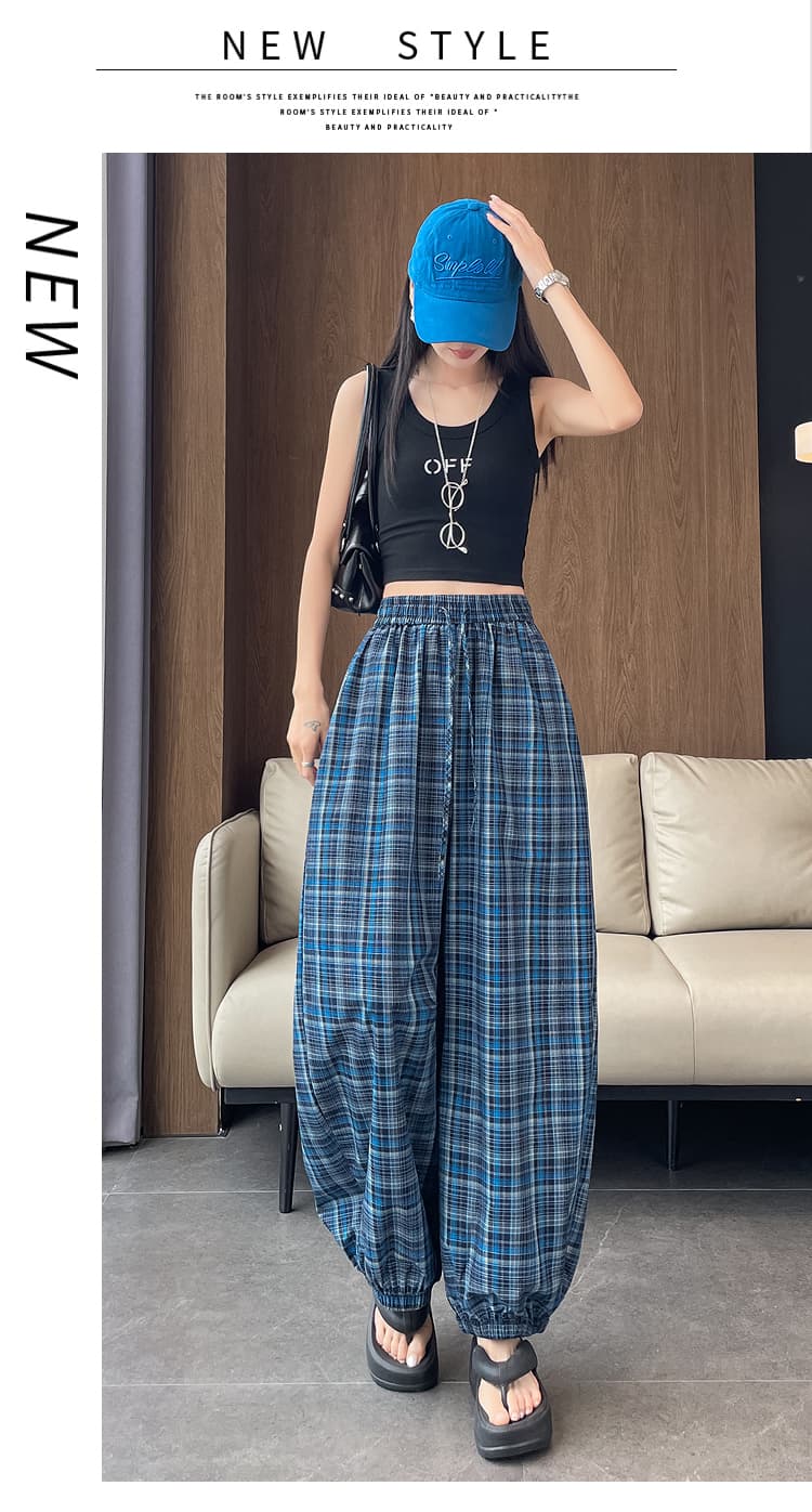 실사 새로운 바다 소금 체크무늬 허리밴드 다용도 체크무늬 표지 고기 루즈핏 슬림해 보이는 넓은 다리 랜턴 캐주얼 바지 여성 상세 이미지 35