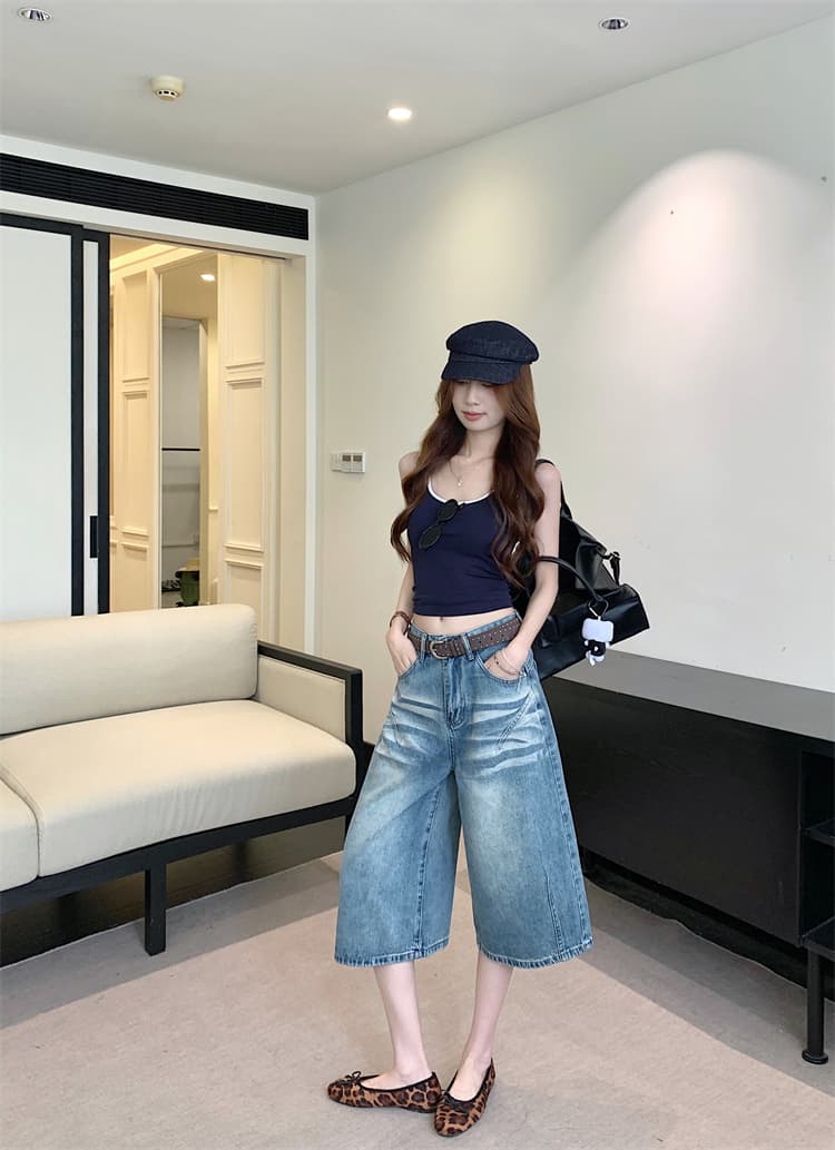 실사 아메리칸 레트로 압력 주름 워싱 넓은 다리 7 점 청바지 여성 하이웨이스트 루즈핏 슬림해 보이는 스트레이트 바지 상세 이미지 12