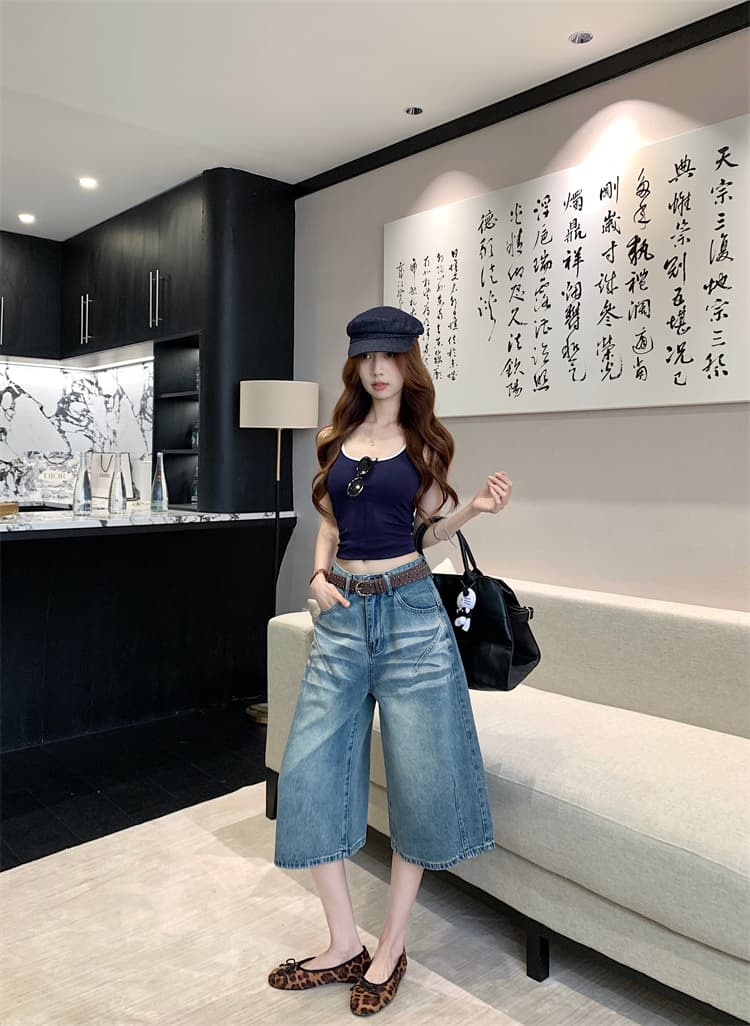 실사 아메리칸 레트로 압력 주름 워싱 넓은 다리 7 점 청바지 여성 하이웨이스트 루즈핏 슬림해 보이는 스트레이트 바지 상세 이미지 17