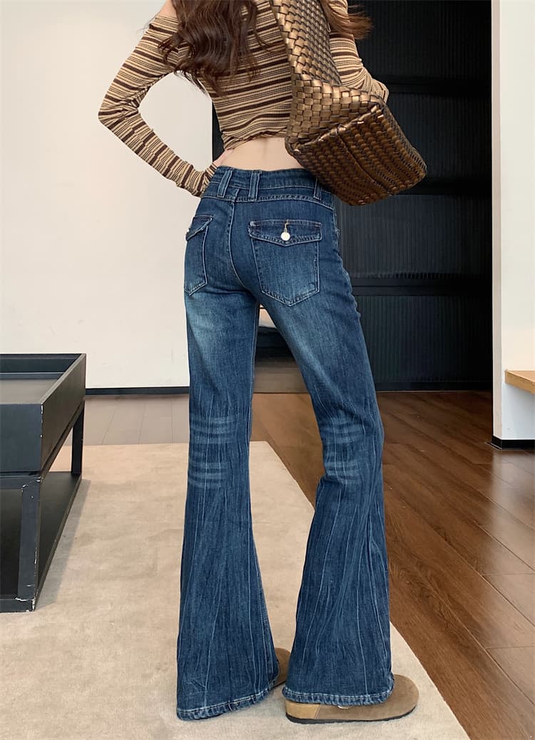 실사 파란색 몸매 가꾸기 마이크로 나팔 청바지 여성 가을 아메리칸 핫걸 디자인 센스 하이웨이스트 호스 슈 바지 상세 이미지 18