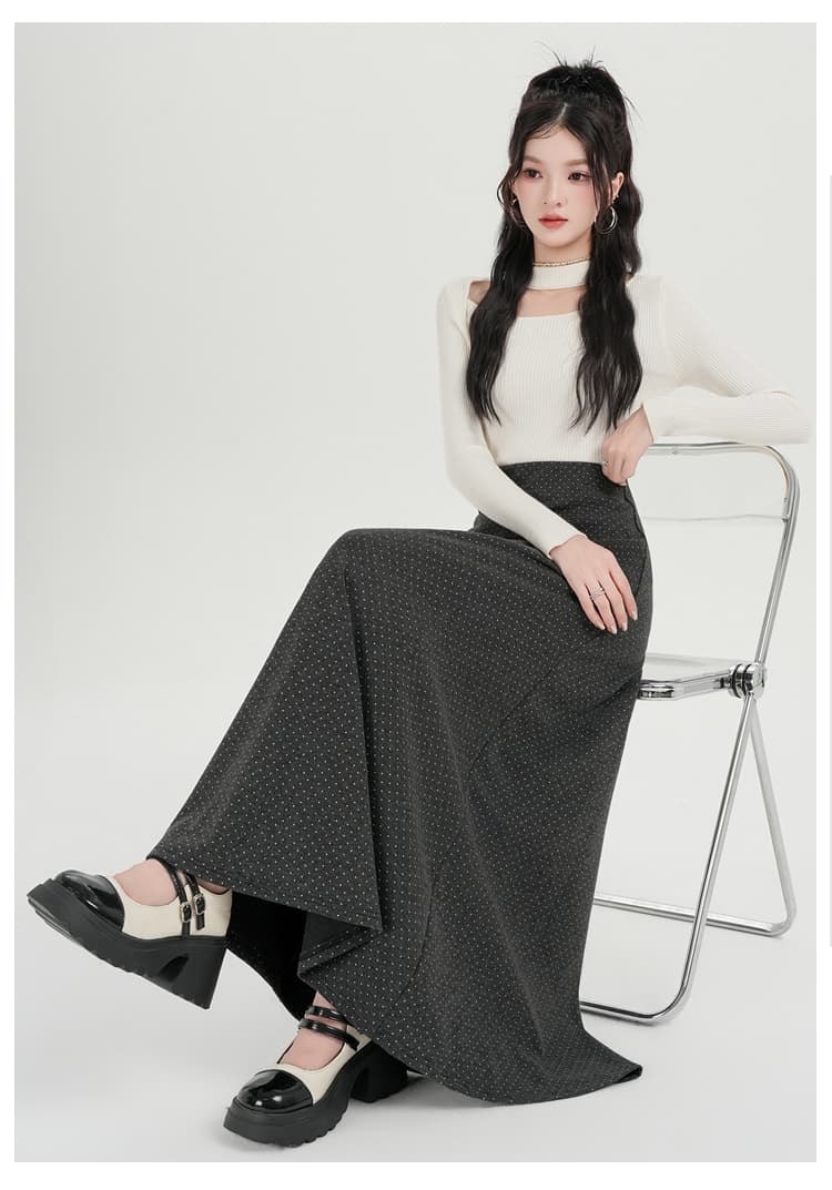 실사 한 부서 하이웨이스트 느긋한 바람 도트 무늬 롱 스커트 다용도 슬림해 보이는 부드러운 찹쌀 니트 도루 센스 반신 스커트 한 마디 우산 치마 상세 이미지 46
