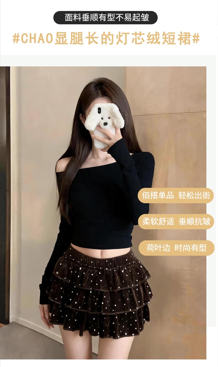 실사 가을 새로운 한 부서 chic 도트 무늬 벨벳 반신 스커트 다용도 슬림해 보이는 한 마디 미니 스커트 연령 감소 케이크 드레스 상세 이미지 3