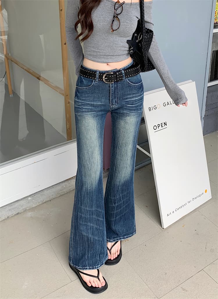 실사 파란색 몸매 가꾸기 마이크로 나팔 청바지 여성 가을 아메리칸 핫걸 디자인 센스 하이웨이스트 호스 슈 바지 상세 이미지 5