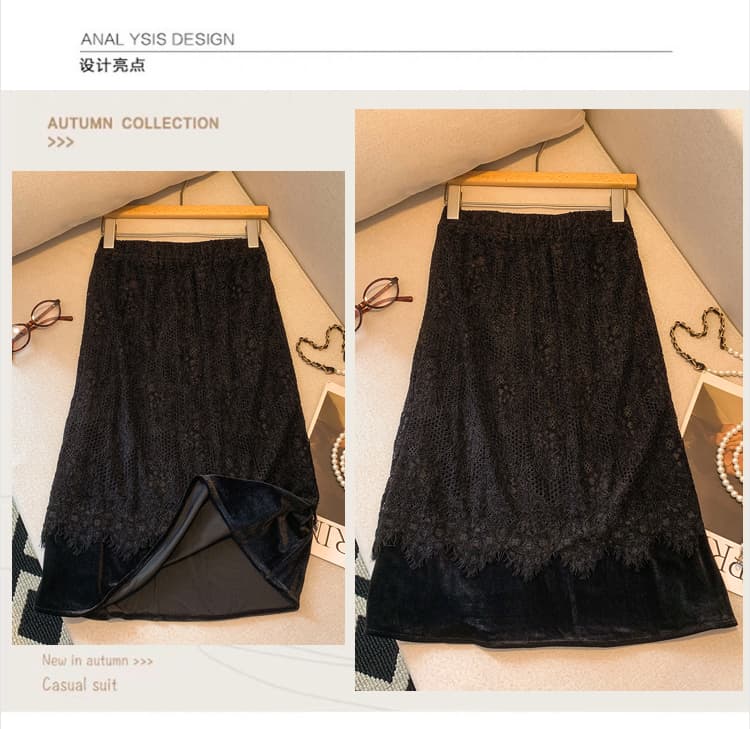 실사 낭만주의 무거운 작업 스택 착용 2026 가을 겨울 새로운 허리밴드 한 마디 레이스 조각 벨벳 반신 스커트 여성 상세 이미지 5