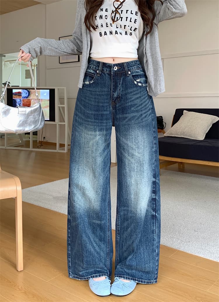 실사 워싱 고양이 반드시 대나무 마디 넓은 다리 청바지 여성 가을 새로운 하이웨이스트 슬림해 보이는 스트레이트 다용도 긴 바지 이미지 2
