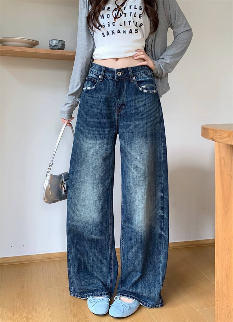 실사 워싱 고양이 반드시 대나무 마디 넓은 다리 청바지 여성 가을 새로운 하이웨이스트 슬림해 보이는 스트레이트 다용도 긴 바지 이미지 3