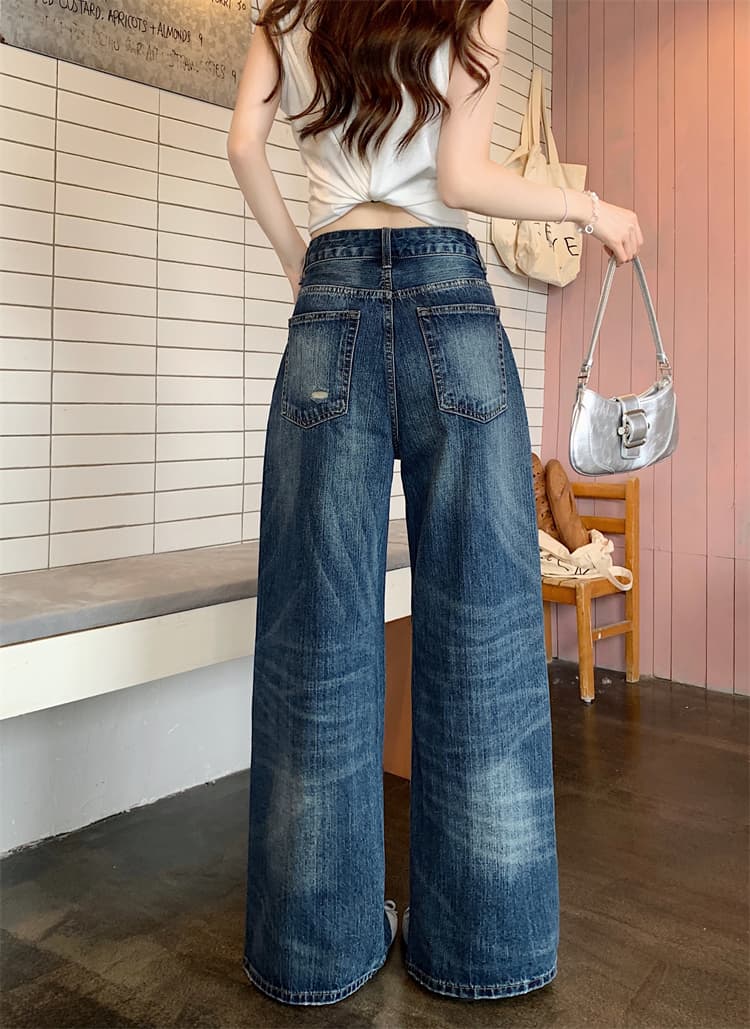 실사 워싱 고양이 반드시 대나무 마디 넓은 다리 청바지 여성 가을 새로운 하이웨이스트 슬림해 보이는 스트레이트 다용도 긴 바지 이미지 5