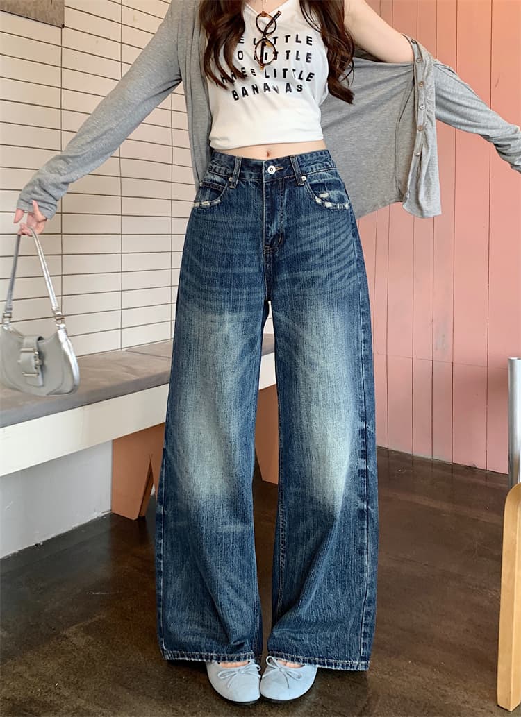 실사 워싱 고양이 반드시 대나무 마디 넓은 다리 청바지 여성 가을 새로운 하이웨이스트 슬림해 보이는 스트레이트 다용도 긴 바지 상세 이미지 3