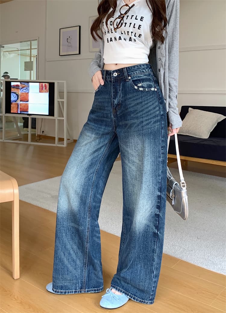 실사 워싱 고양이 반드시 대나무 마디 넓은 다리 청바지 여성 가을 새로운 하이웨이스트 슬림해 보이는 스트레이트 다용도 긴 바지 상세 이미지 4
