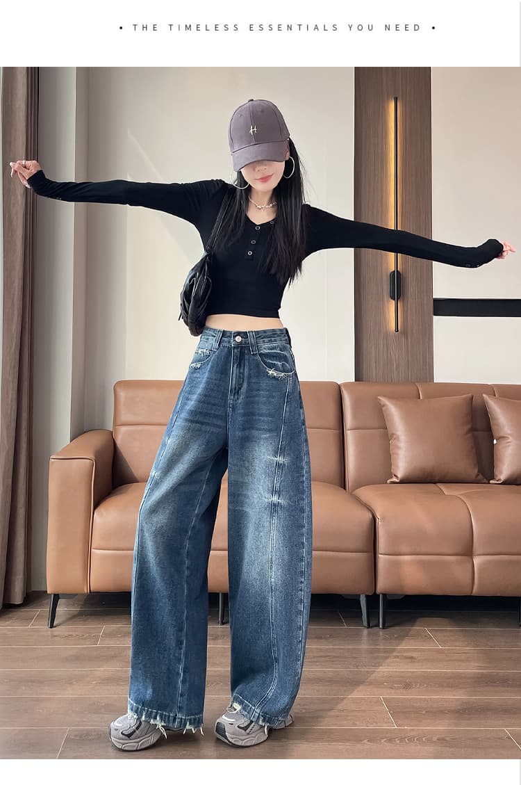 실사 레트로 워싱 모통이 칼 넓은 다리 청바지 여성 가을 새로운 하이웨이스트 슬림해 보이는 도루 센스 스트레이트 루즈핏 긴 바지 상세 이미지 31