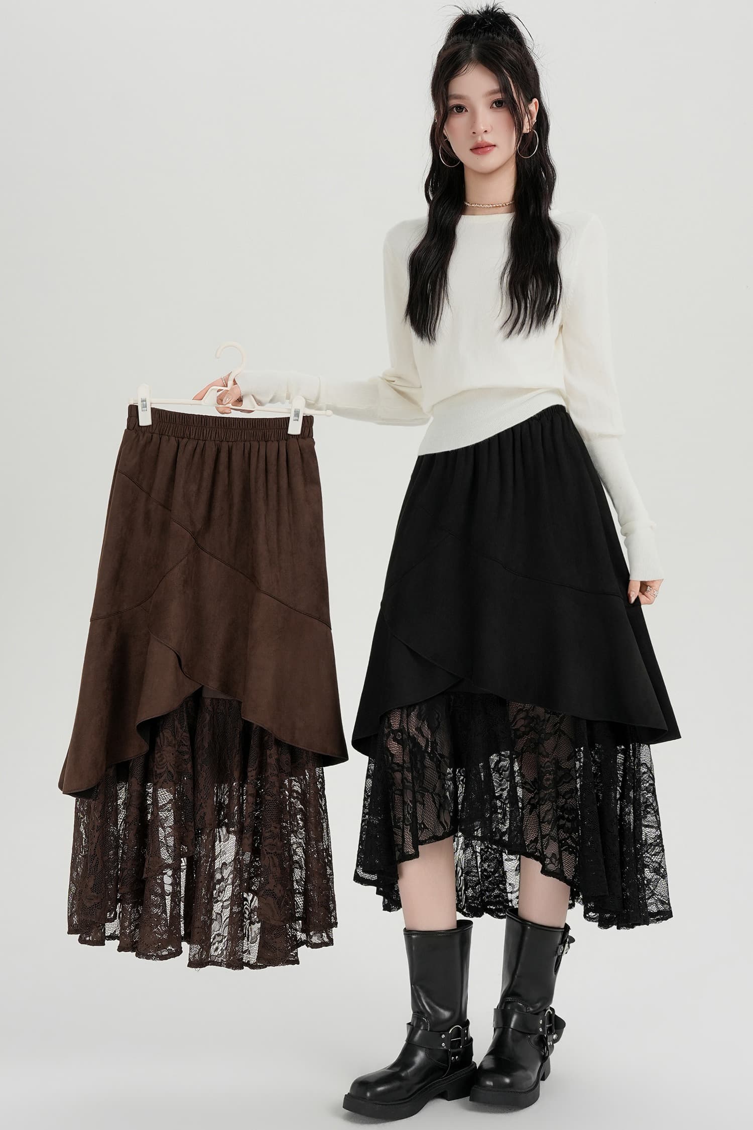 실사 가을 커피 색상 사슴 캐시미어 하이웨이스트 슬림해 보이는 한 마디 반신 스커트 여성 패치워크 레이스 중간 길이 불규칙 치마 이미지 7