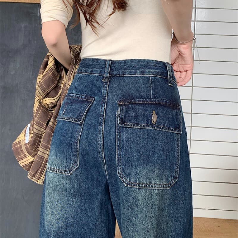 실사 아메리칸 레트로 모통이 칼 넓은 다리 청바지 여성 가을 새로운 하이웨이스트 디자인 슬림해 보이는 스트레이트 워싱 긴 바지 이미지 6