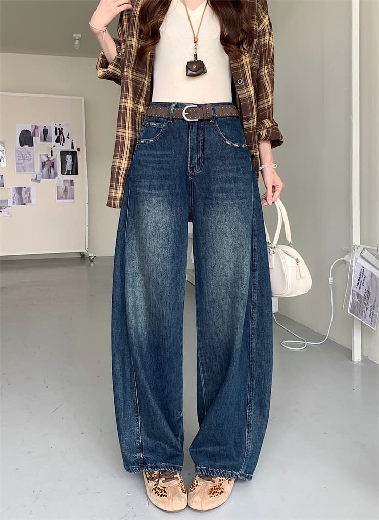 실사 아메리칸 레트로 모통이 칼 넓은 다리 청바지 여성 가을 새로운 하이웨이스트 디자인 슬림해 보이는 스트레이트 워싱 긴 바지 상세 이미지 1