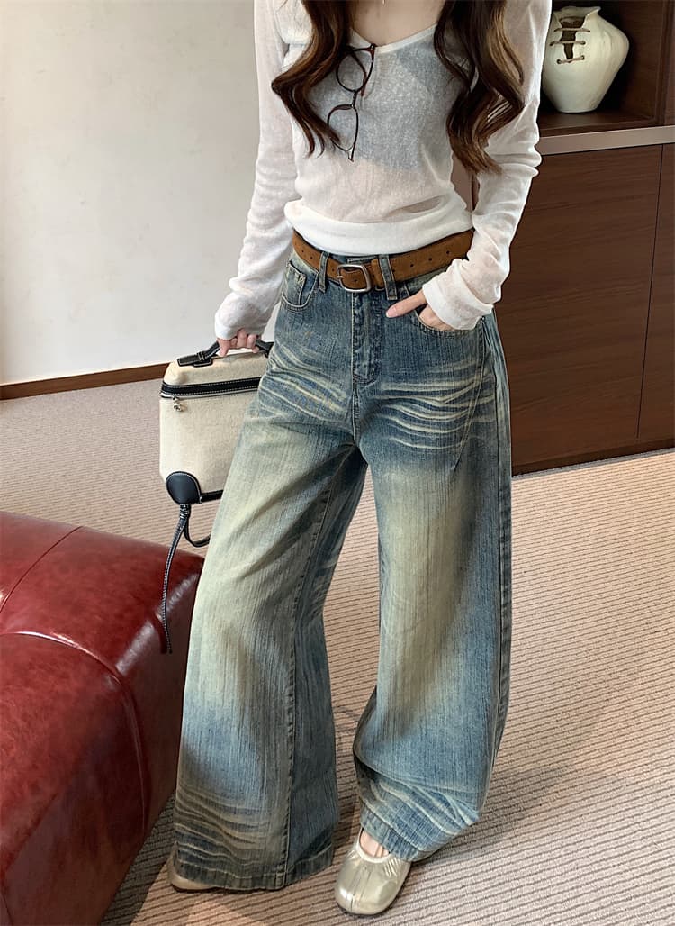 실사 아메리칸 레트로 대나무 마디 모통이 칼 청바지 여성 가을 높음 거리 디자인 센스 루즈핏 슬림해 보이는 넓은 다리 길이 바지 상세 이미지 6